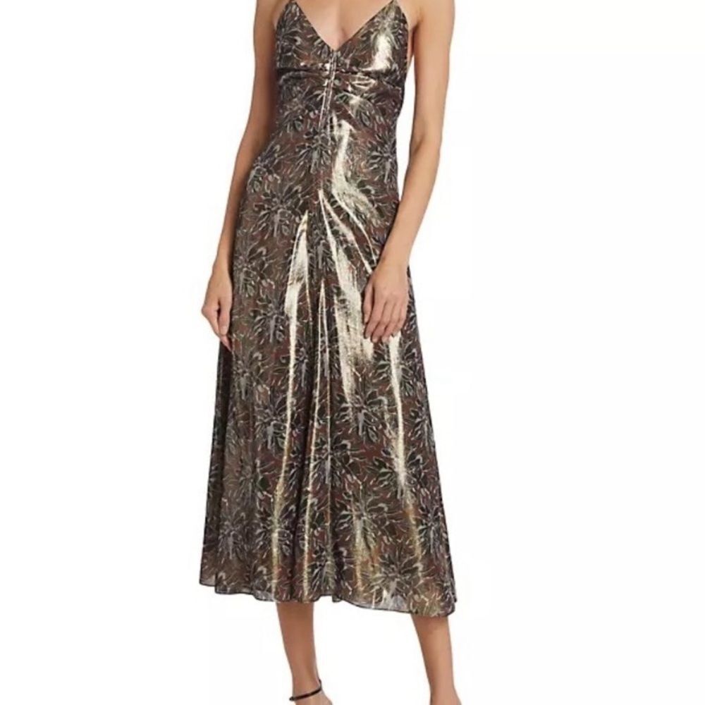 NWT Tanya Taylor Meredith Metallic Silk-Blend Midi-Dress